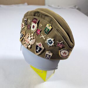 Vintage 1970's Russian Soviet USSR Military "Pilotka" Hat With Pins and Patches
